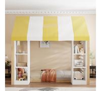 MSMOK Lettino per bambini in stile rustico, 90 x 200 cm, con baldacchino, spazio frontale aperto e telaio in legno, colore legno + bianco, bianco + naturale