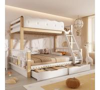 MSMOK Letto a castello per bambini, 90 x 200/140 x 200 cm, in legno, con ringhiere a nuvole, cassetti e portariviste, letto familiare, senza materasso, bianco e rovere