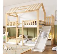 MSMOK Letto a castello per bambini, 90 x 200 cm, con tetto a battente, bianco e naturale; con ripiano e scivolo da 35 cm, salita sicura, ideale per famiglie con due bambini, senza materasso