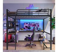 MSMOK Letto a soppalco, 140 x 200 cm, telaio in ferro, scrivania, ringhiera, scaletta, più ripiani, con presa USB + tipo C, striscia LED, pannello forato, senza materasso, nero