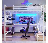 MSMOK Letto a soppalco, 140 x 200 cm, telaio in ferro, scrivania, ringhiera, scaletta, più ripiani, con presa USB + tipo C, striscia LED, pannello forato, senza materasso, bianco