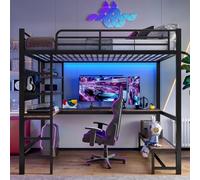 MSMOK Letto a soppalco, 90 x 200 cm, telaio in ferro, scrivania, ringhiera, scaletta, più ripiani, con presa USB + tipo C, striscia LED, pannello forato, senza materasso, nero