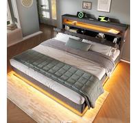 MSMOK Letto singolo imbottito, testiera con porte USB e di tipo C, illuminazione a LED sulla testiera e pediera del letto, letto con rete a doghe, con spazio idraulico (grigio + 140 x 200 cm)