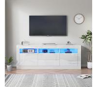 MSMOK Mobile TV lucido con illuminazione a LED, 3 scomparti aperti, 2 porte, 2 cassetti, controllo smart app, per TV da 70 pollici, supporto per TV lucido (bianco)