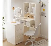 MSMOK Scrivania angolare libreria, 117 × 63 × 135 cm, scrivania con 4 ripiani e 3 cassetti estraibili, bianco