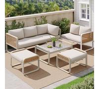 MSMOK Set di mobili da giardino in rattan per 6-7 persone, divano ad angolo con struttura in ferro zincato, gambe regolabili, incluso tutto il cuscino per seduta e schienale, beige