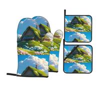 MSRHIUEF Cabin in The Woods Prints, set da 4 pezzi con 2 guanti isolanti e 2 coperchi per pentole per cucina e microonde