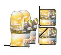 MSRHIUEF Set di 4 stampi da cucina con stampa di gatto nei fiori, con 2 guanti isolanti e 2 coperchi per pentole per cucina e forno a microonde