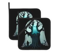 MSRHIUEF Tappetino isolante quadrato con immagine del fantasma dietro l'albero (set da due pezzi) per rimuovere il coperchio della cucina, forni a microonde, forni, con corda laterale per appendere