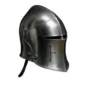 MSSI Casco medievale da cavaliere con visiera, in acciaio nero, armatura decorativa da battaglia crociata con design a croce, replica del costume storico