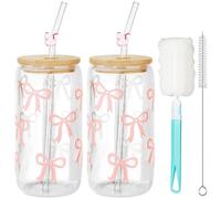 Mssushi 2 pezzi Bow Tazza in vetro,16 Oz Bicchiere con Cannuccia e Coperchio Vetro,Bicchiere Versatile ed Elegante,per Birra,Cocktail,Tè,Coca Cola,Succhi di Frutta,Soda