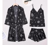 Msuiiixcccc 3PCS Womens Pajamas Sets Faux Silk Satin Sleepwear with Belt Ladies Female XL COLOR1