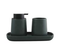 MSV Set da bagno, 3 pezzi, accessori da bagno in ceramica Maonie, dispenser per sapone e portasapone, contenitore per gioielli e bicchiere per spazzolino da denti, colore verde scuro