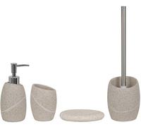 MSV Set da bagno, 4 pezzi, accessori da bagno in poliresina Malua, dispenser per sapone, scopino per WC, portasapone e bicchiere porta spazzolino beige/sabbia