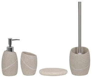 MSV Set da bagno, 4 pezzi, accessori da bagno in poliresina Malua, dispenser per sapone, scopino per WC, portasapone e bicchiere porta spazzolino beige/sabbia