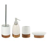 MSV - Set da bagno composto da 4 accessori da bagno in ceramica e bambù Tallinn, dispenser per sapone, spazzola per WC, portasapone e bicchiere porta spazzolini, colore: Bianco