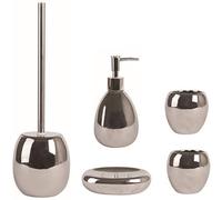 MSV - Set di accessori da bagno, 5 pezzi, in ceramica, Dakhla, dispenser di sapone, scopino per WC, portasapone e bicchiere per spazzolini, colore: Argento lucido
