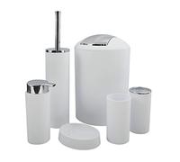 MSV - Set di Accessori da Bagno Hannah - 6 Pezzi - PP Resistente - Pattumiera, scopino, Dispenser di Sapone, portaspazzolino, Bicchiere, portasapone - Bianco