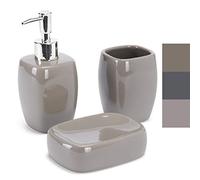 MSV - Set di Accessori da Bagno in Ceramica da 3 Pezzi - Dispenser di Sapone - Portasapone - Bicchiere - Colore Tortora - Design Solido ed estetico