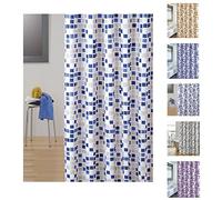 MSV Tenda da Doccia in Poliestere MOSAIKO 180x200 cm, qualità Premium Blu e Beige - Anelli Inclusi