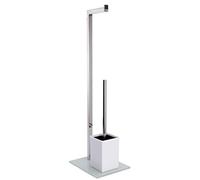 MSV, Maniglia WC 2 in 1 con Porta WC con Contenitore Interno Estraibile per Scopino, Acciaio Inox, Scopino e Porta Carta Igienica, Servo WC Non Fisso, Vetro Bianco