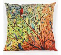 MSY Abstract Trees and Birds Cotton Linen Decorative Throw Pillow Case Cushion Cover, 18 x 18 inches