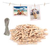 msymsyu Mollette in legno, 120 pezzi, 3,5 x 0,7 cm, con corda da 50 m | Mollette in legno, per appendere foto e cartoline e tutti i tipi di decorazioni per feste