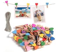 msymsyu Mollette in legno, 120 pezzi, in legno, 3,5 x 0,7 cm, con filo da 50 m, piccole mollette per foto, appendere e cartoline, vengono utilizzate e tutti i tipi di decorazioni per feste