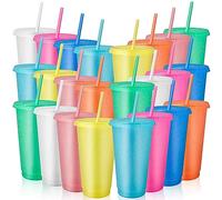 MSYU Bicchieri di plastica con coperchi e cannucce, 24 bicchieri riutilizzabili con coperchio, bicchieri colorati in plastica per feste, compleanni, tazze da caffè freddo, da viaggio, per bevande