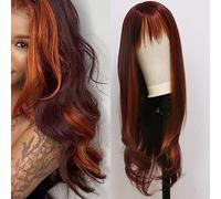 mszyhuwan 99J Parrucca rossa bordeaux con riflessi misti di zenzero con frangia parrucca senza colla parrucca sintetica resistente al calore parrucca di ricambio per capelli da donna Nessuno pizzo