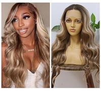 mszyhuwan Parrucche sintetiche da donna biondo platino con riflessi castani Ombre Body Wave parrucca frontale in pizzo HD fibre resistenti al calore unità di ricambio per capelli ricci ondulati lunghi