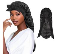 Mtbricey Cappello di Seta Extra Long per Donne Cappello per Dormire Notturno di Raso Regolabile con Fascia Elastica Cuffia di Seta per Dormire Cofano per Capelli per Treccia Ricci Lunghi (Nero, 1Pcs)