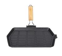 Mtlavishness Grill Pan Padella Antiaderente in Ghisa con Riscaldamento Uniforme e Manico Pieghevole in Legno - Perfetta per Bistecche sul Fornello da Campeggio - Bistecchiera