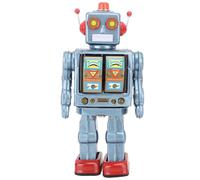 Mtlavishness Robot Giocattolo in Latta di Metallo Figure Rotanti Elettriche retrò Modello con Funzione di Camminata Rotazione della Parte Superiore del Corpo a 360 Gradi Pistola (Blu)