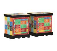 mtlskopal, set di 2 comodini in legno di mango massiccio, multicolore, 40 x 35 x 45 cm, design moderno con pittura in rilievo, come comodino e tavolino per camera da letto, soggiorno, corridoio