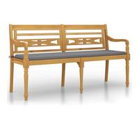 mtlskopl Batavia - Panchina da giardino in teak massiccio, 150 cm, con cuscino imbottito grigio, materiale robusto per uso esterno, design moderno con braccioli, per sala da pranzo, balcone, 150 x