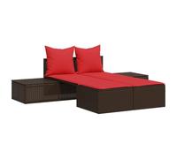 mtlskopl Doppia sedia a sdraio con cuscino, marrone, in polyrattan, set con tavolino e cuscini rossi, isola lounge per giardino, terrazza, balcone, 104 x 162 x 30 cm
