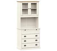 mtlskopl Highboard VIGO bianco 80 x 40 x 176 cm in legno di pino massiccio con frontale in vetro e cassetti, design moderno per soggiorno, cucina, corridoio