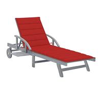 mtlskopl Lettino da giardino con cuscino, in legno massello di acacia, regolabile, con ruote e ripiano, per esterni per balcone e terrazza, 200 x 68 cm, grigio/rosso