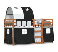mtlskopl Letto a castello 90 x 190 cm, in legno di pino marrone cerato con tende bianche e nere, protezione dalla caduta, per cameretta dei bambini, camera dei ragazzi