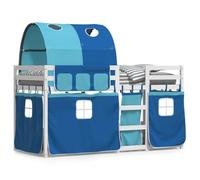 mtlskopl Letto a castello in pino massiccio, 195,5 x 80,5 x 112 cm, bianco con tende blu per materasso 75 x 190 cm, protezione dalle cadute, scala inclusa nella confezione per cameretta dei bambini
