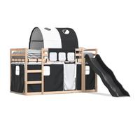 mtlskopl Letto a soppalco con scivolo bianco, nero, 90 x 190 cm, in pino massiccio, con tendine, regolabile in altezza, per cameretta dei bambini dai 6 anni in su