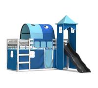 mtlskopl Letto a soppalco per bambini con scivolo e tenda, 90 x 200 cm, in pino massiccio, bianco, blu, per piccoli spazi
