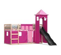 mtlskopl Letto a soppalco rosa con scivolo, letto da gioco in legno di pino massiccio, 80 x 200 cm, tenda a torre ariosa, decorazione per bambini, robusta, durevole, per camera da letto
