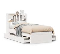 mtlskopl Letto in legno massiccio bianco, 75 x 190 cm, con ripiano e due cassetti, robusto letto singolo con rete a doghe, soluzione comoda per piccoli spazi nella camera degli ospiti, camera da letto