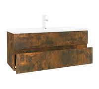 mtlskopl Mobile da bagno con lavabo da incasso da 100 cm, da appendere a parete, con cassetto, lavabo in legno e ceramica, set di mobili da bagno effetto rovere affumicato