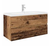 mtlskopl Mobile sottolavabo con lavabo da incasso e rubinetto, set di mobili da bagno sospesi con cassetto, mobile da bagno in legno effetto legno anticato, lavabo in ceramica, 90 x 38,5 x 45 cm