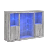 mtlskopl Set credenza con LED RGB, Sonoma grigio in legno, 142,5 x 37 x 100 cm, 3 pezzi buffet da cucina con frontale in vetro e porta USB, moderno salottino per corridoio e sala da pranzo