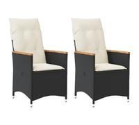 mtlskopl Set di 2 poltrone da giardino in polyrattan nero, regolabili, 56 x 59 x 92 cm, con cuscino bianco crema e bracci di acacia, per balcone, terrazza, giardino