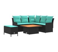 mtlskopl Set di 5 mobili da giardino con cuscini, in rattan, con tavolo e sgabello, moderno lounge angolare per terrazza, balcone e soggiorno, nero e turchese